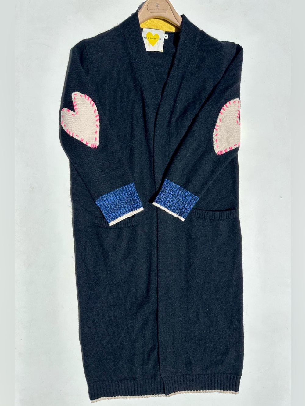 Kerri Rosenthal 100% Cashmere Black Knit Long Cardigan, Heart Elbow Patches, XS